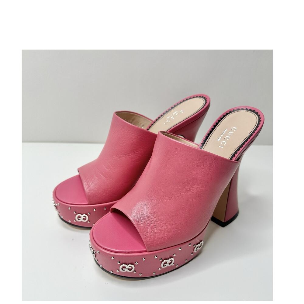 NIB Gucci Janaya Studded GG Platform Sandals EU 39.5 Rhodamine Pink Spool Heel - Picture 6 of 12